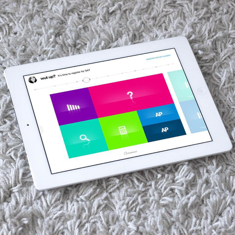 Educational progress tracking tablet interface with colorful analytics modules representing SirCharles.DESIGN's expertise in educational technology and student performance optimization platforms