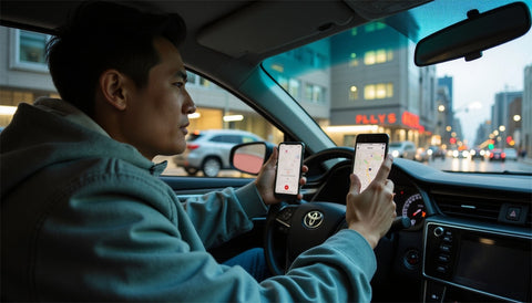 Delivery driver in vehicle managing two smartphones simultaneously showing fragmented delivery app interfaces, illustrating the complex multi-app workflow problem that SirCharles.DESIGN solved through unified Skipcart platform design