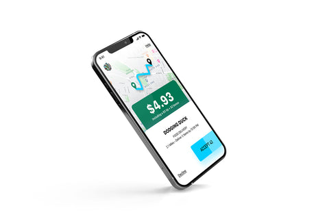 Skipcart mobile app interface showing $4.93 earnings display, delivery job details for "DODGING DUCK" restaurant, and "ACCEPT" button, demonstrating SirCharles.DESIGN's driver-centric UX design with large touch targets and high-contrast elements optimized for vehicle operation