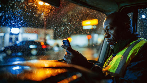 Delivery driver in high-visibility vest operating Skipcart mobile interface during night shift, demonstrating SirCharles.DESIGN's adaptive design optimized for low-light conditions and safe single-handed vehicle operation