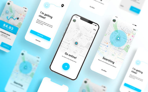 Multiple Skipcart app screens showing predictive routing intelligence with map interfaces, blue search zones, and "Go offline" options, showcasing SirCharles.DESIGN's Google ODRD integration design that enabled location forecasting for maximum driver efficiency