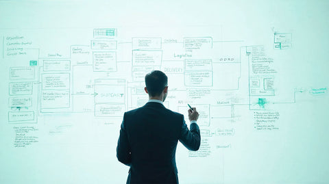 Business professional analyzing comprehensive logistics workflow diagrams on whiteboard showing delivery operations, API integrations, and ODRD system architecture that informed SirCharles.DESIGN's strategic UX design approach