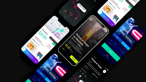 Multiple smartphone screens showing diverse branded app variations of Skipcart platform demonstrating flexible UI components that adapt to different enterprise partner brands while maintaining consistent user experience designed by SirCharles.DESIGN
