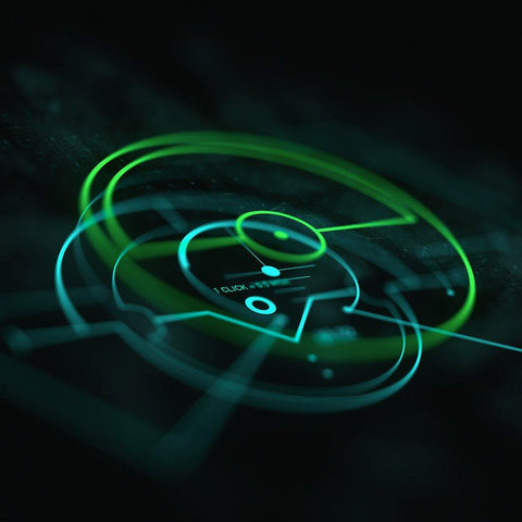 Crosshairs and optics visualization with holographic display representing SirCharles.DESIGN's AV OPTICS digital product designed for advanced visual effects