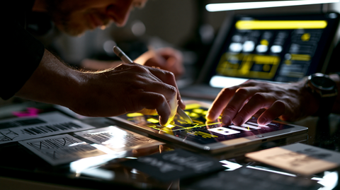 Hands refining a glowing product interface layout on a black glass design table.