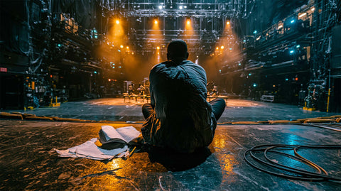A theater director faces a lit stage surrounded by rigging, equipment, papers, and cables during technical rehearsal.