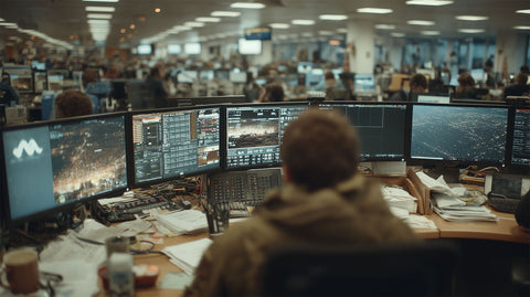 Traditional satellite control room with multiple legacy workstations and operators managing individual spacecraft, demonstrating inefficient systems that HIVE revolutionized through SirCharles.DESIGN's mission-critical interface innovation