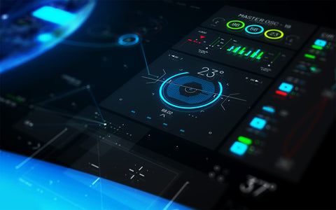 Futuristic HIVE interface displaying AI-powered satellite monitoring with predictive analytics, circular data visualization at 23 degrees, and color-coded status indicators designed by SirCharles.DESIGN for mission-critical operations