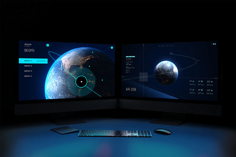 Dual HIVE interface screenshots showing SEOPS satellite list management and AR-338 orbital tracking with Earth visualization, demonstrating SirCharles.DESIGN's 4x increase in operational capacity achievement for aerospace operations