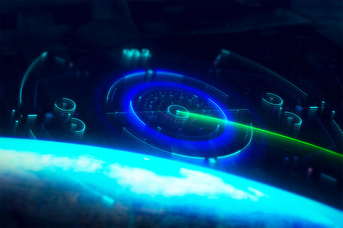 Futuristic satellite space station with glowing orbital rings and advanced propulsion systems, representing SirCharles.DESIGN's Netty Award-winning HIVE project that redefined aerospace interface design standards and operational efficiency