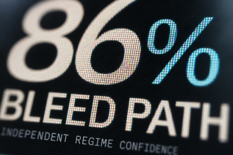 86% BLEED PATH photographed at macro range, with visible RGB screen pixels and shallow focus.