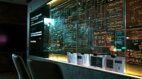 Discovery table with product maps and notes used to define scope for a strategic design partnership.