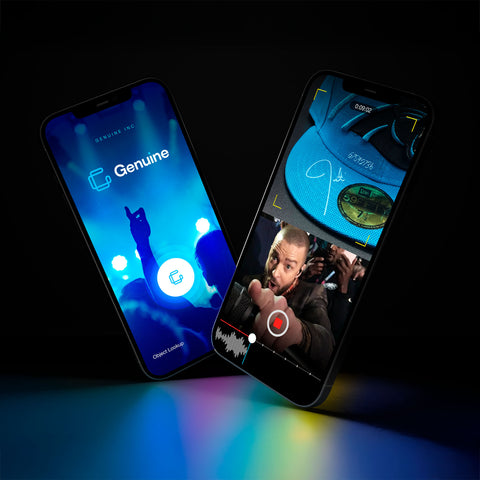 Blockchain authentication mobile application capturing authentic memorabilia verification process representing SirCharles.DESIGN's revolutionary anti-fraud system design for Genuine Inc that creates immutable proof of authenticity, transforming sports collectibles market through technological trust