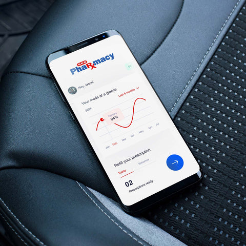 HIPAA-compliant pharmacy mobile interface displaying prescription tracking and medication adherence analytics representing SirCharles.DESIGN's healthcare-focused user experience design for H-E-B that transforms prescription management into seamless health outcome improvement through strategic digital innovation