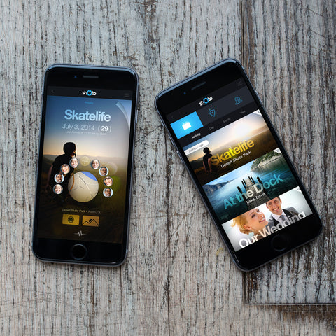 Two smartphones displaying Skatelife mobile app interface with photo sharing functionality, representing SirCharles.DESIGN's Gold award-winning UX/UI design from INDIGO Design Awards 2018