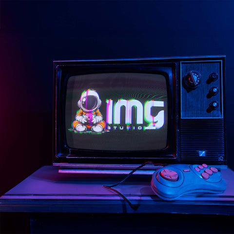 Retro gaming setup with modern holographic branding elements and controller interface representing SirCharles.DESIGN's brand identity and digital platform design for IMG Studio Austin that establishes industry recognition for game developers working on major entertainment franchises